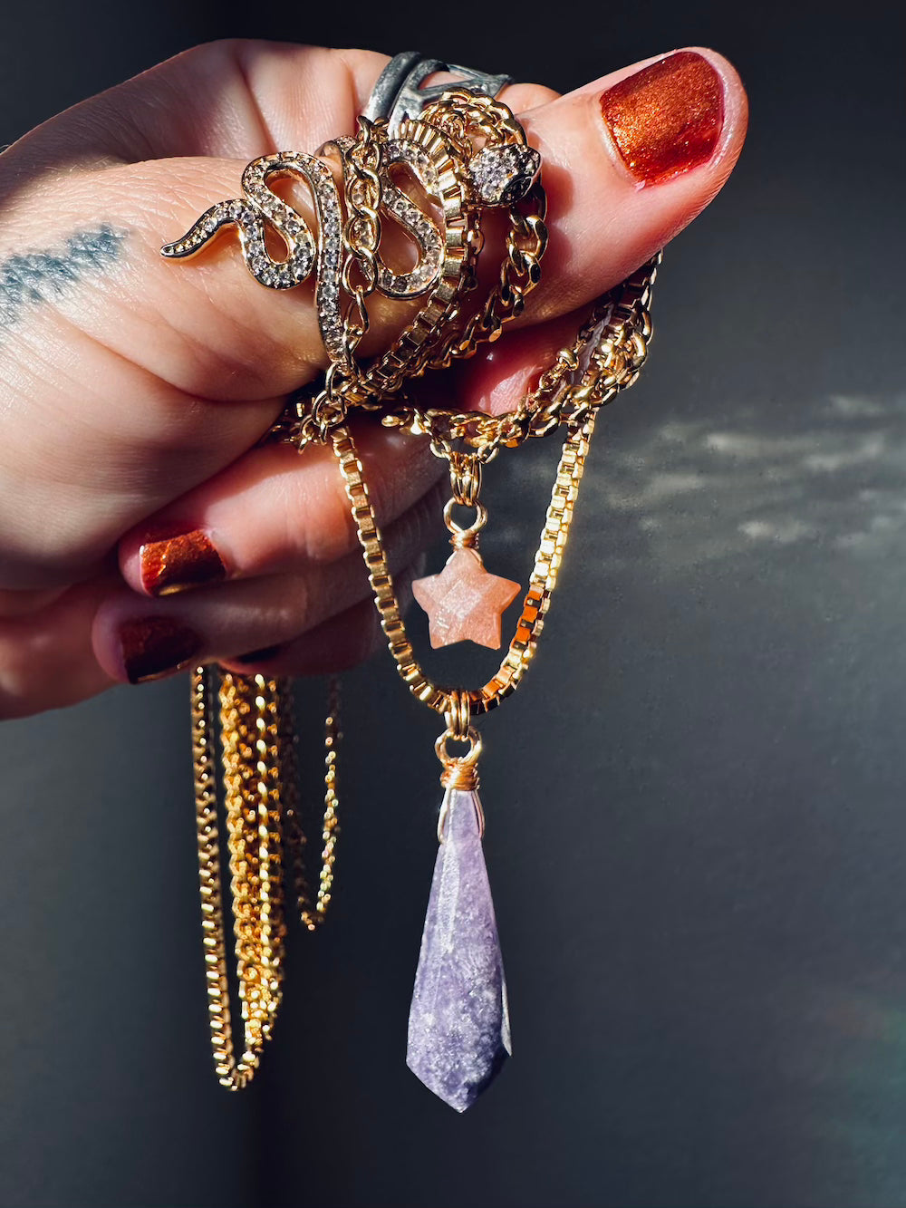 Lepidolite Kite & Peach Moonstone Star 'Loving Awareness' Gold Plated Stainless Steel Layer Necklace