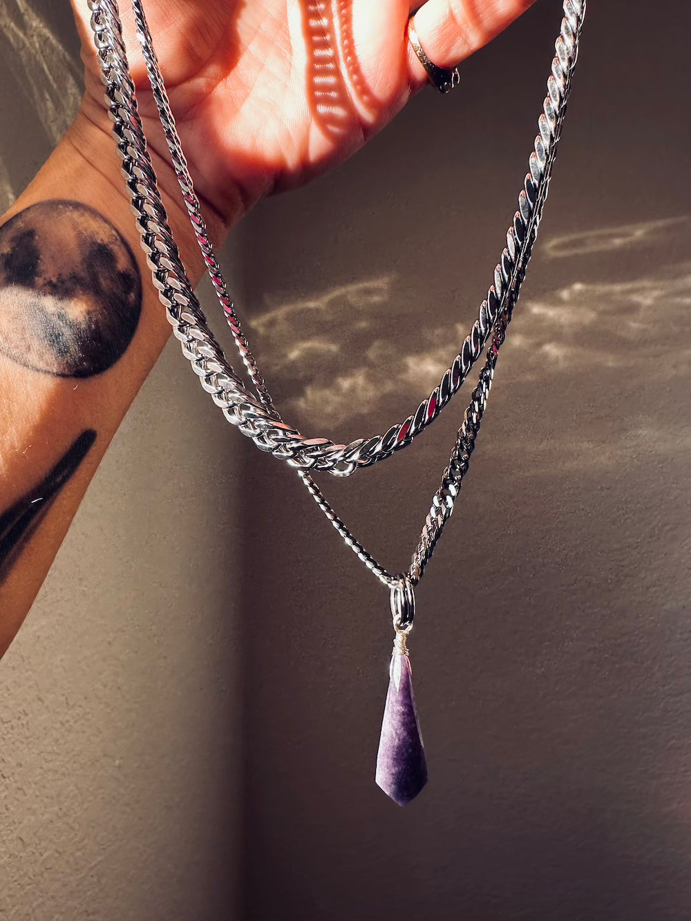 Faceted Lepidolite Kite 'Heart Healer' Stainless Steel Chonk Layer Necklace