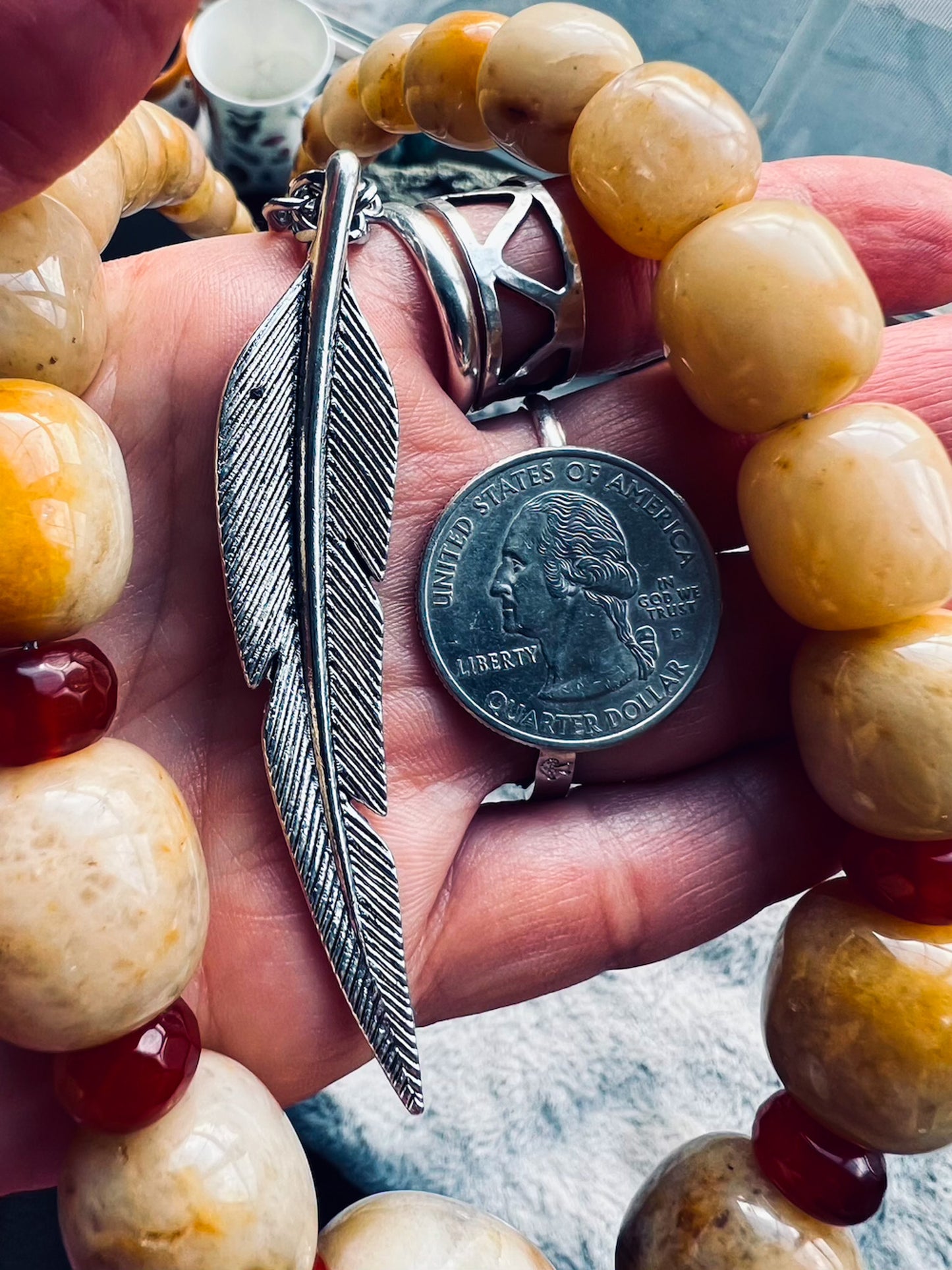 'Life is Sweet' Graduated Honey Jade, Carnelian Rhondelles & Giant Feather Pendant Stainless Steel LayerNecklace