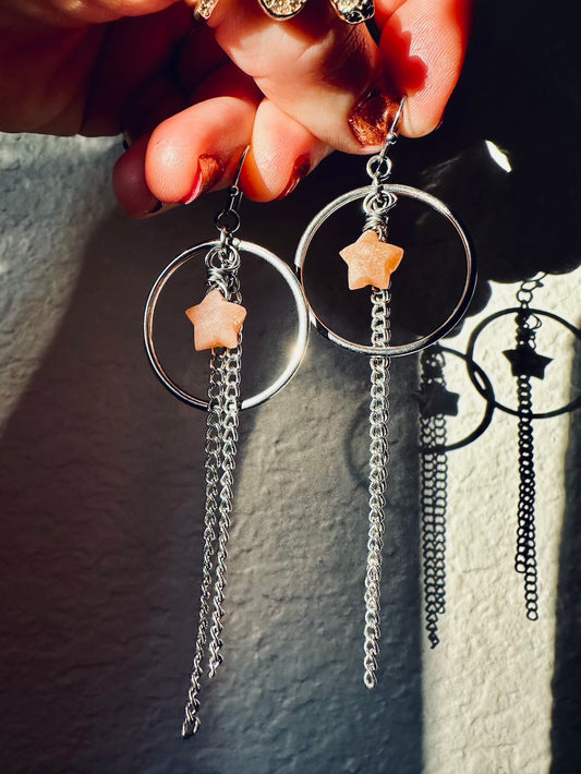 Peach Moonstone Star 'Be Gentle With Yourself' Stainless Steel Drop Chain and Hoop Earrings