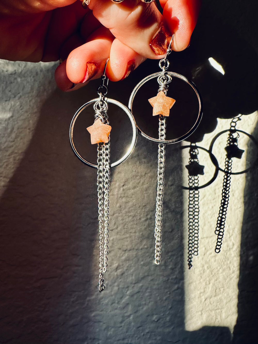 Peach Moonstone Star 'Be Gentle With Yourself' Stainless Steel Drop Chain and Hoop Earrings