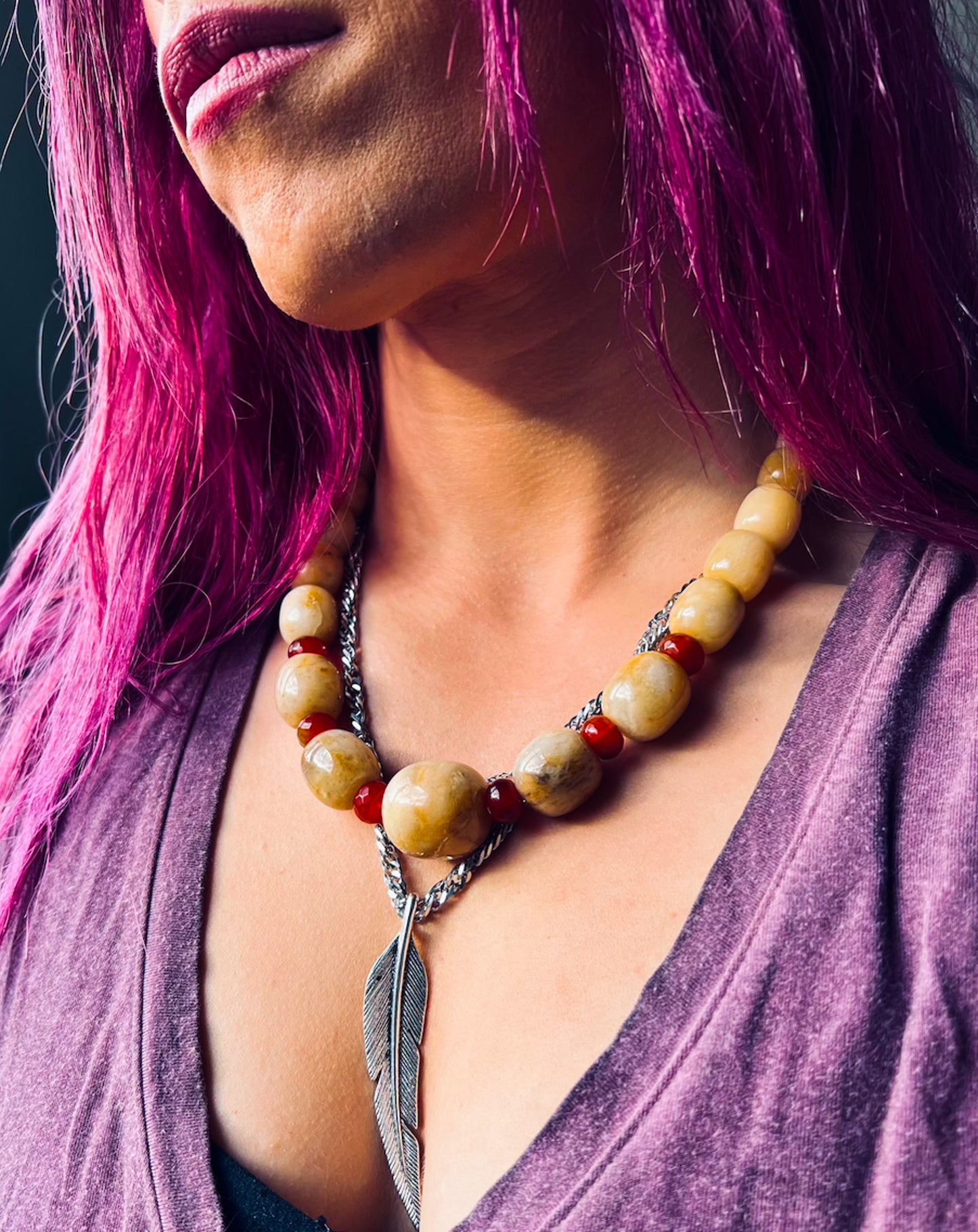 'Life is Sweet' Graduated Honey Jade, Carnelian Rhondelles & Giant Feather Pendant Stainless Steel LayerNecklace