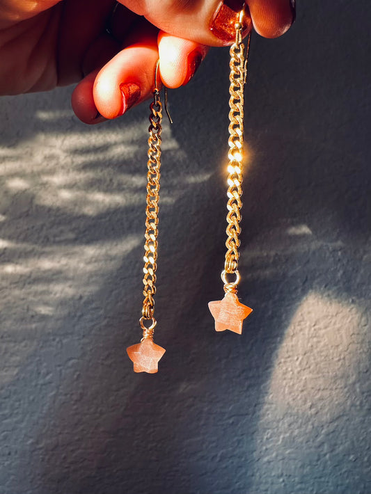 Peach Moonstone Star 'Be Gentle With Yourself' Gold Plated Stainless Steel Drop Chain Earrings