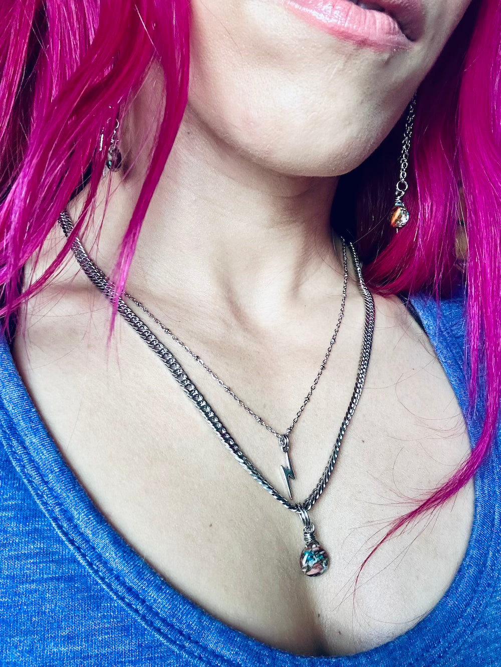 Amazonite Copper Turquoise & Lightning Bolt 'Sacred Strength' Stainless Steel Layer Necklace