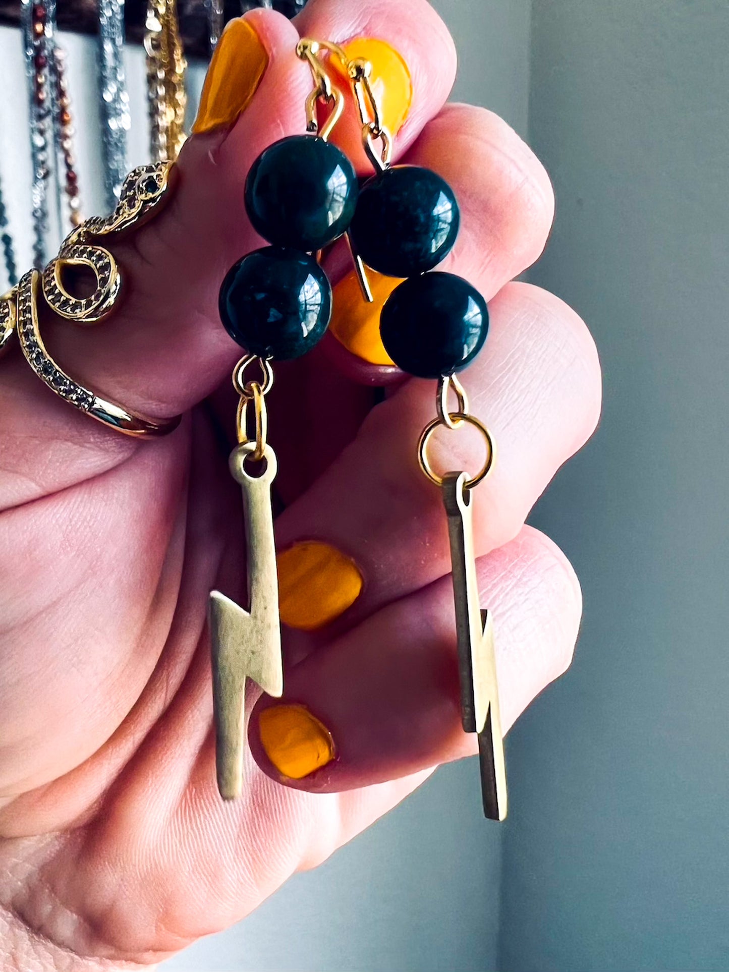 'Authentic Action' Bloodstone & Lightning Bolts Gold Plated Stainless Steel Earrings