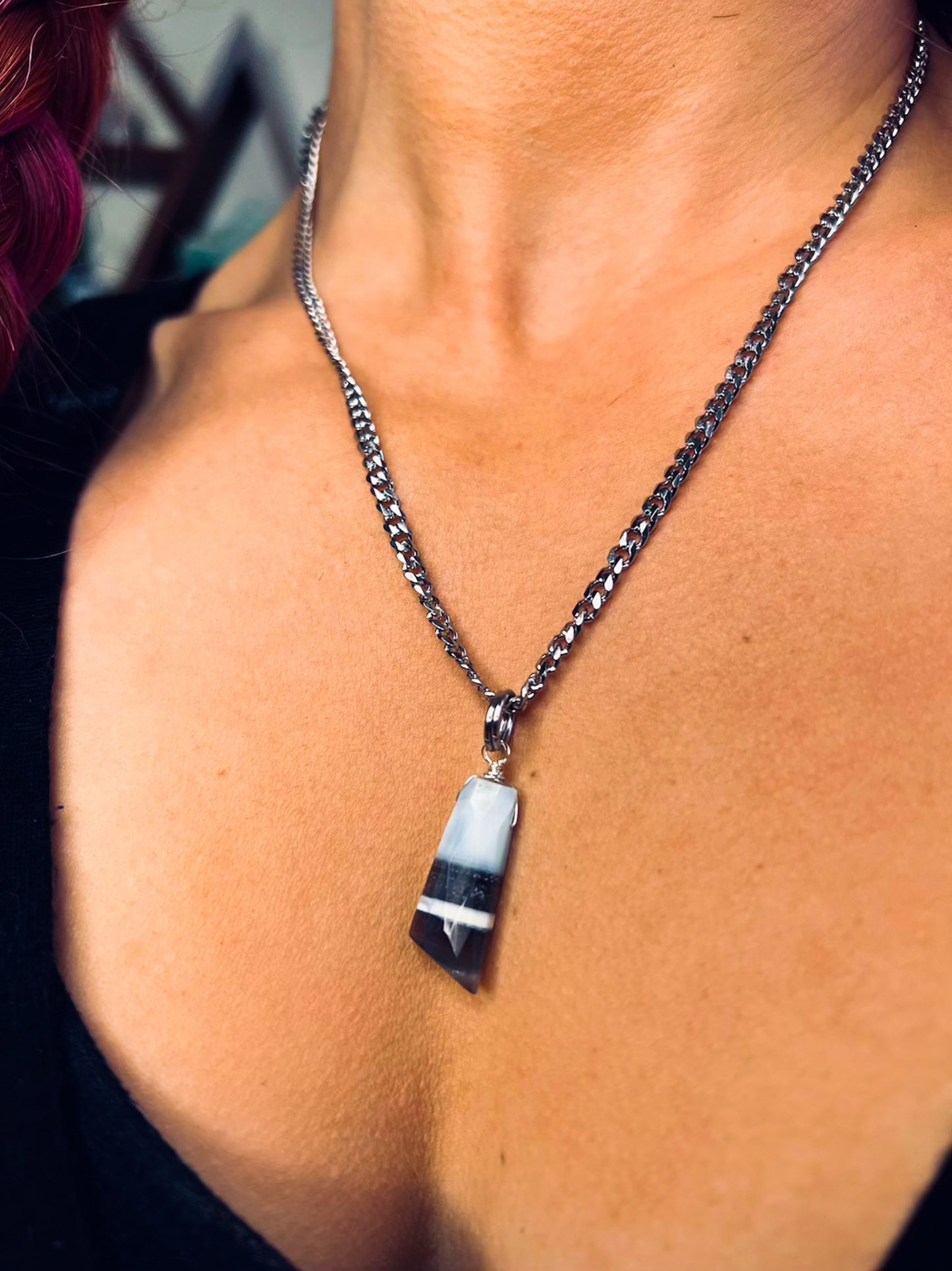 'Take a Deep Breath' Faceted Blue Boulder Opal Stainless Steel Necklace