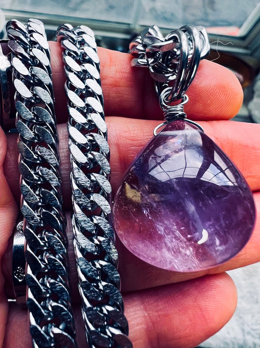 'Lean Into Balance' Ametrine Pendant Stainless Steel Cuban Chain Necklace (6.5mm thick)