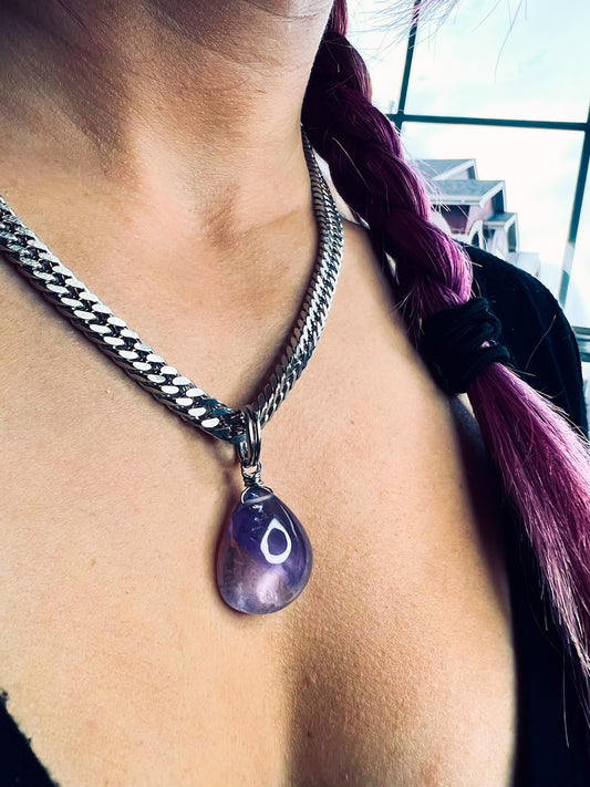 'Lean Into Balance' Ametrine Pendant Stainless Steel Cuban Chain Necklace (6.5mm thick)