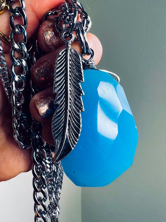 'Don't Fear Your Truth' Giant Faceted Blue Quartz & Feather Pendant Stainless Steel Layer Necklace