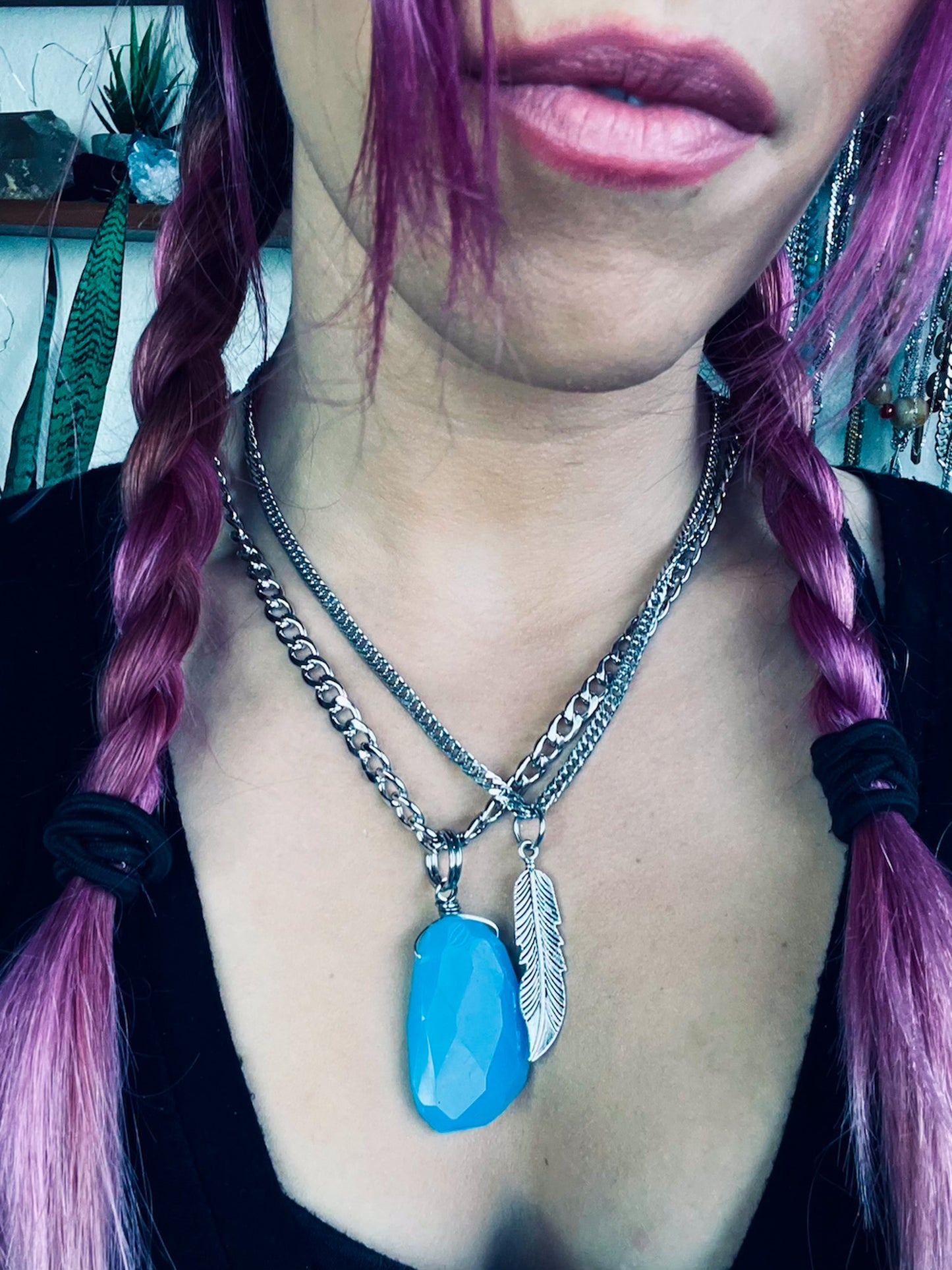 'Don't Fear Your Truth' Giant Faceted Blue Quartz & Feather Pendant Stainless Steel Layer Necklace
