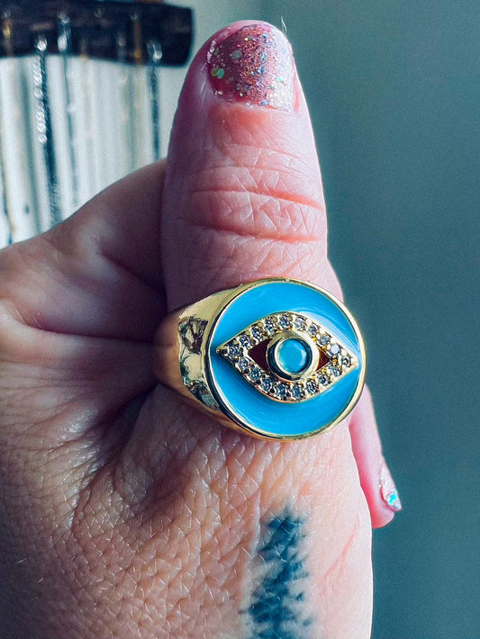 'Imposter Syndrome is Out' Evil Eye Gold Plated Brass Adjustable Ring
