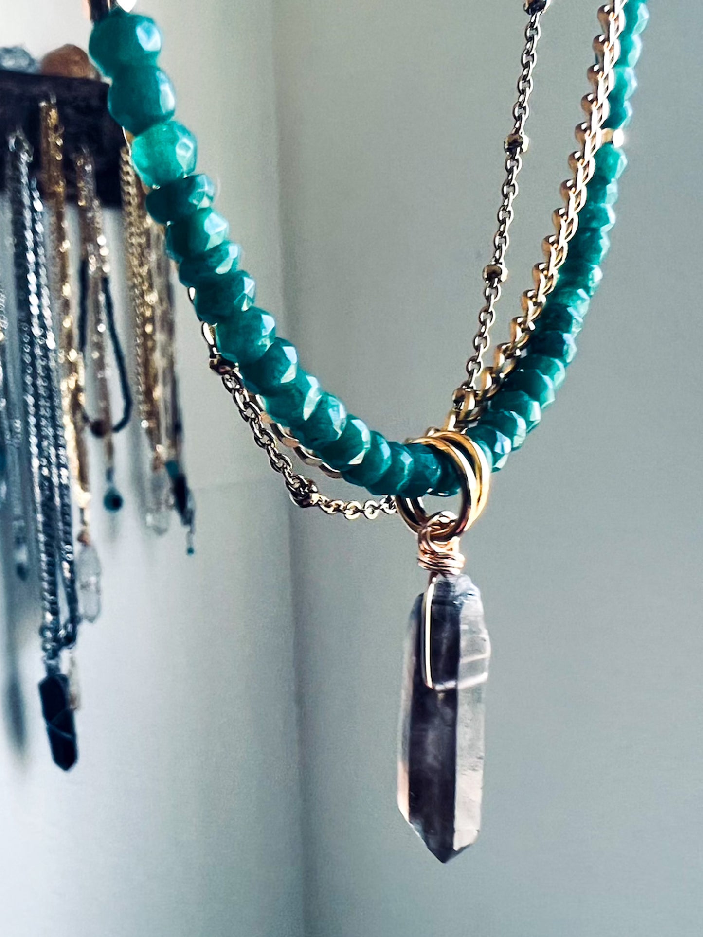 'Take Care of You’ Authentic Faceted Emerald & Smoky Quartz Gold Plated Stainless Steel Layer Necklace
